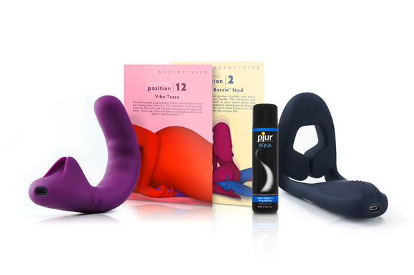 Everything you need for a not-so-quiet night in: the revolutionary adaptable vibrators - Crescendo 2 & Tenuto 2, with the beautiful Playcards and luxurious lube.