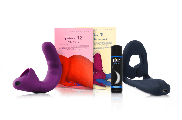 Everything you need for a not-so-quiet night in: the revolutionary adaptable vibrators - Crescendo 2 & Tenuto 2, with the beautiful Playcards and luxurious lube.