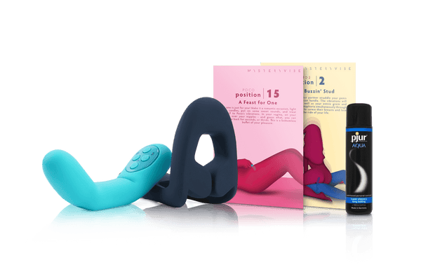 Everything you need for a not-so-quiet night in: the revolutionary compact targeted G-Spot vibrator, Poco, smart adaptable male vibrator, Tenuto 2, with the beautiful Playcards and the luxurious lube.