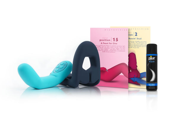 Everything you need for a not-so-quiet night in: the revolutionary compact targeted G-Spot vibrator, Poco, smart adaptable male vibrator, Tenuto 2, with the beautiful Playcards and the luxurious lube.