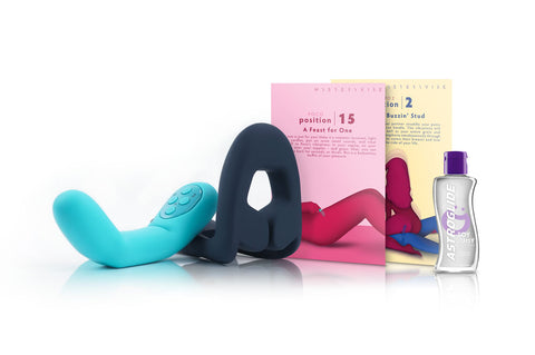 Everything you need for a not-so-quiet night in: the revolutionary compact targeted G-Spot vibrator, Poco, smart adaptable male vibrator, Tenuto 2, with the beautiful Playcards and the luxurious lube.